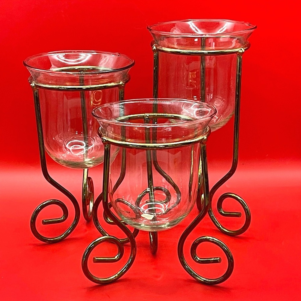Vintage‎ Votive Candle Holders 3 Gold Scroll Metal Glass Hurricane Mexico Whimsy